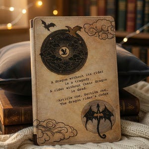 Op de afbeelding: Een bruinleren boekomslag met een draakthema. De omslag bevat illustraties van draken, vleermuizen en wolken, met de tekst "Een draak zonder zijn berijder is een tragedie". Het boek wordt getoond op een stapel boeken.