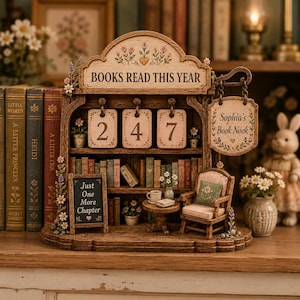May include: A decorative wooden book tracker display featuring the text BOOKS READ THIS YEAR, a hanging sign reading Sophia's Book Nook, and a small chalkboard with the text Just One More Chapter. It includes miniature shelves, books, and a chair.