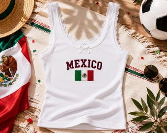 Gesticktes Mexiko Lace Tank Top, Benutzerdefiniertes Stickerei Mexiko Tank Top, Spieltag Shirt