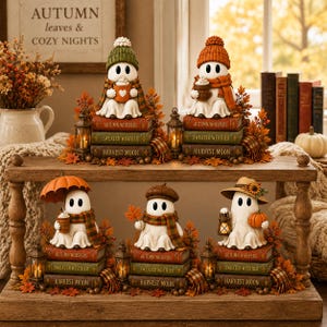 Ghost Coffee Fall Wooden Block, Book Stack, Halloween BookShelf Decor