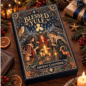 May include: A rectangular Blessed Yule Advent Calendar box featuring an illustration of three figures with candles, a deer, a black cat, and a raven, surrounded by pine branches, berries, and gold celestial motifs on a dark blue background.
