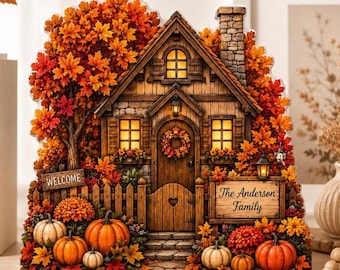 Puede incluir: Un recorte decorativo de madera con forma de casa con temática otoñal, hojas de arce naranjas y rojas, calabazas y una chimenea de piedra. La puerta tiene una corona y un corazón. Los letreros dicen Welcome y The Anderson Family.