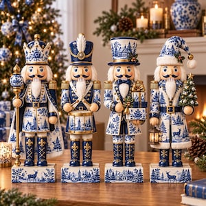 Puede incluir: Cuatro figuras decorativas de cascanueces con un patrón de estilo porcelana azul y blanco que muestra paisajes invernales, ciervos y motivos florales. Cada figura se asienta sobre una base rectangular con detalles dorados y barba blanca.