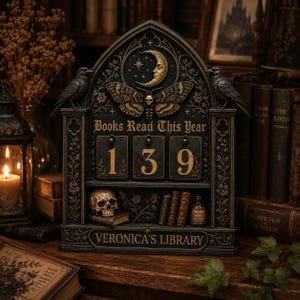 May include: A dark-toned gothic-style book tracker display featuring the text 'Books Read This Year' and 'VERONICA'S LIBRARY'. The structure includes three flip-style number cards showing 139, a moth with a skull, two ravens, and a human skull.