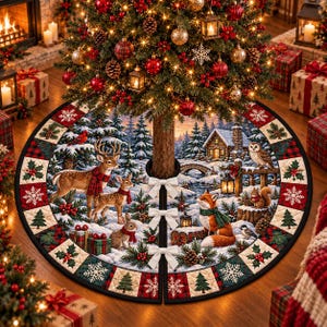 May include: A round Christmas tree skirt featuring a winter forest scene with deer, a fox, a rabbit, an owl, and a squirrel. The border is decorated with a quilted pattern of holly, snowflakes, and pine trees. Three white bows secure the opening.