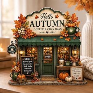 Pode incluir: Uma miniatura de cafeteria com uma placa que diz Hello AUTUMN COFFEE & COZY DAYS. A estrutura é decorada com folhas de outono laranjas e amarelas, abóboras e canecas. Um menu lista bebidas sazonais e uma placa diz GOOD COFFEE WARM HEARTS GRATEFUL SOULS.