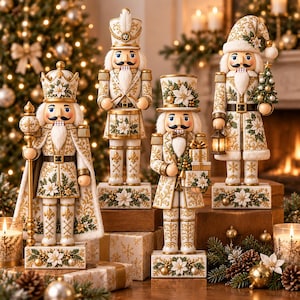 May include: Four decorative nutcracker figurines in white and gold uniforms with poinsettia accents. One holds a staff, one plays a drum, one carries wrapped gifts, and one holds a small Christmas tree and a lantern, all on rectangular bases.