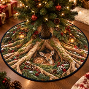 May include: A round Christmas tree skirt featuring a detailed print of a fawn resting among large tree roots. The design includes pine branches, pinecones, red berries, and glowing lanterns, all set against a forest floor with mossy textures.