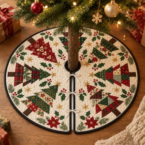 Peut inclure: Une jupe de sapin de Noël ronde et matelassée sur fond crème, ornée d'un motif répétitif de sapins de Noël en patchwork aux tissus rouges, verts et à carreaux. Le design comprend des feuilles de houx, des baies rouges et des étoiles dorées.