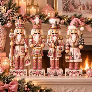 Pink Nutcracker Wooden Block Set, Pink Christmas Decor, Nutcracker Figurine Set, Holiday Mantel Shelf Decoration