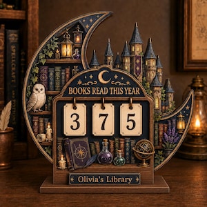 May include: A crescent moon-shaped wooden book tracker featuring a castle, shelves with books, an owl, lanterns, and candles. The center displays the text "BOOKS READ THIS YEAR" above three flip cards showing "375" and a plaque reading "Olivia's Library".