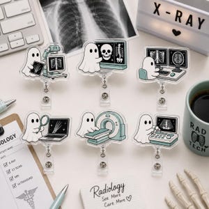 May include: Six acrylic badge reels featuring white ghost characters performing medical imaging tasks. Each ghost interacts with equipment like X-ray machines, CT scanners, and ultrasound monitors, displaying skeletal and brain scans in black and white.