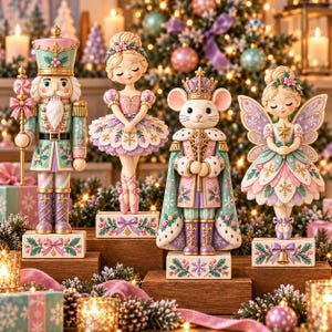 May include: Four decorative figurines featuring a nutcracker, a ballerina, a mouse king, and a fairy. Each figure is painted in pastel pink, mint green, and lavender with intricate snowflake and floral details, standing on individual rectangular bases.