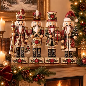 Könnte beinhalten: Vier dekorative Nussknacker-Figuren auf rechteckigen Sockeln mit Weihnachtsstern-Motiven. Die Figuren tragen detaillierte rote, grüne und goldene Uniformen, darunter ein König mit Zepter, ein Trommler, ein Geschenketräger und eine Weihnachtsmann-Figur.