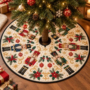 Quilted Nutcracker Christmas Tree Skirt, Vintage Cream Xmas Tree Mat, Holly Berry Tree Skirt, Traditional Holiday Living Room Decor, Gift