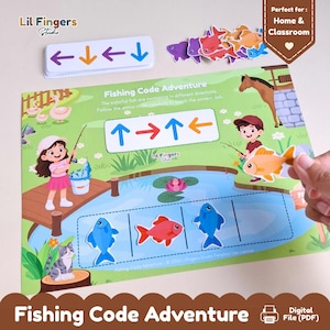 May include: A Fishing Code Adventure educational activity sheet featuring a pond scene with illustrations of children fishing, a cat, and colorful fish. The sheet includes a sequence of directional arrows and cut-out fish pieces for matching games.