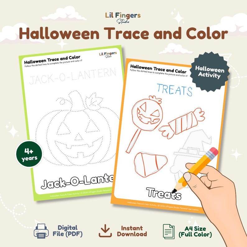 Halloween Trace and Color Worksheets, Tracing Activity for Kids ...
