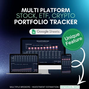 May include: A digital graphic promoting a multi-platform stock, ETF, and crypto portfolio tracker. The image displays a laptop, desktop monitor, and smartphone, all showing financial data. Text includes "Google Sheets" and "Unique Feature."