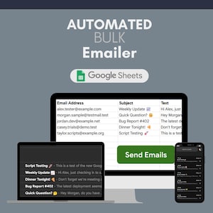Op de afbeelding: Een afbeelding met een geautomatiseerd bulk e-mailsysteem. Het scherm toont e-mailadressen, onderwerpen en tekstinhoud. Het systeem integreert met Google Sheets en bevat een laptop en een smartphone.