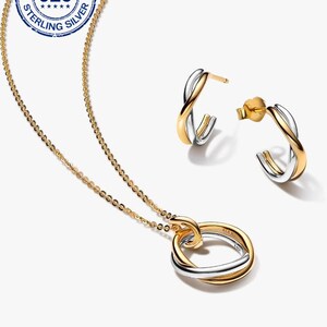 925 Sterling Silver Organically Shaped Two Tone Necklace 45cm & Earrings Set, Pandora Style Gift Set