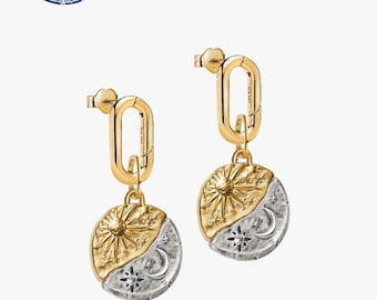 925 Sterling Silver Sun & Moon Medallion Charm Earrings, Pandora Style Celestial Jewelry