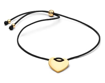 gold-plated Heart Black Cord Slider 28cm Bracelet-Pandora Style