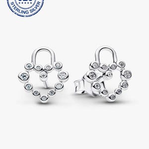 925 Sterling Silver Sparkling Heart Padlock Stud Earrings, Pandora Style Romantic Jewelry