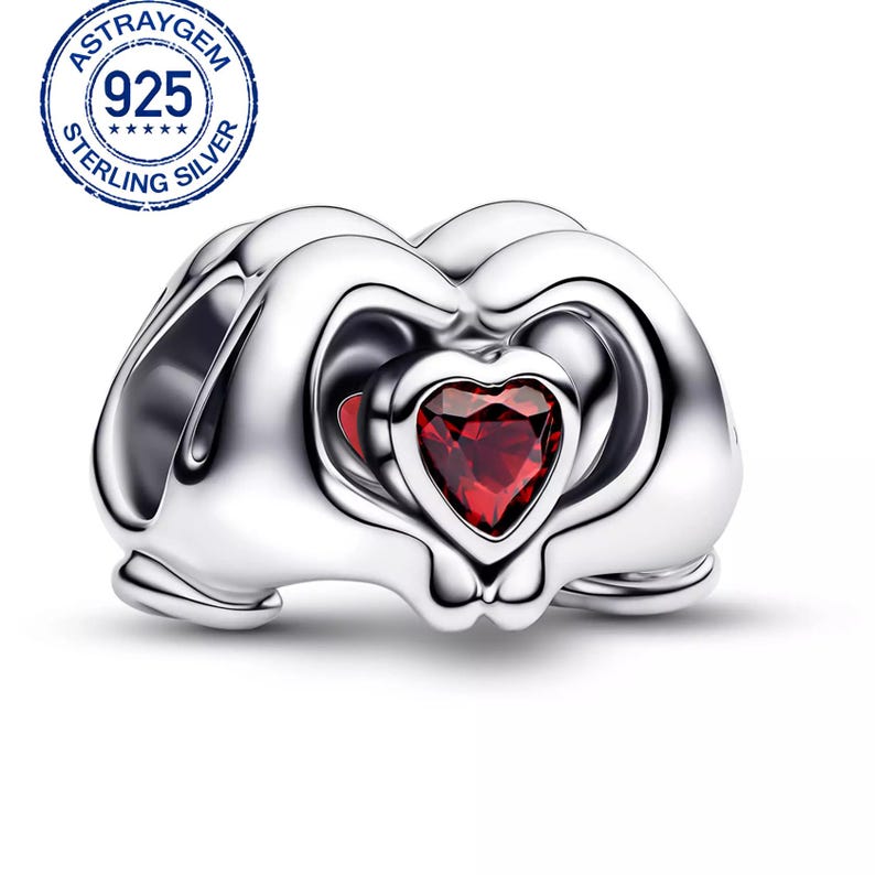 May include: A sterling silver charm with a heart-shaped red gemstone at the center. The charm has a polished finish and is shaped like two intertwined hearts. The text "ASTRAYGEM 925 STERLING SILVER" is printed on the top left.