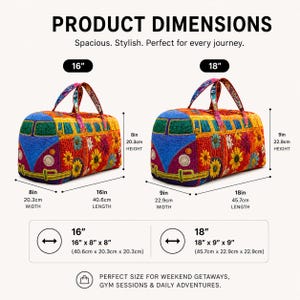 May include: Embroidered travel bags in a bus design, with dimensions of 16" x 8" x 8" and 18" x 9" x 9". The bags feature a colorful floral pattern on a red background, with blue and yellow accents. The bags have handles.