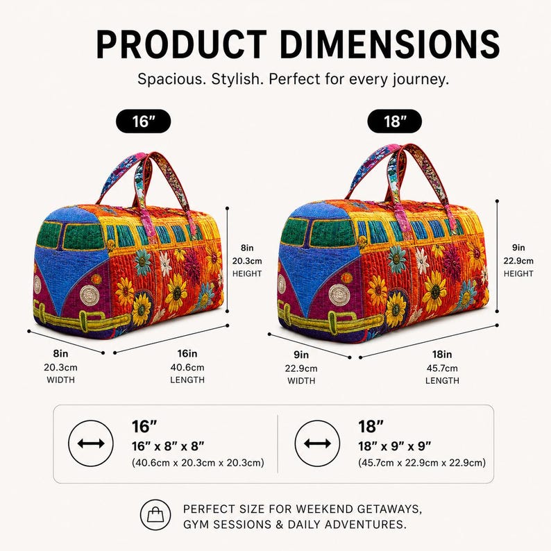 May include: Embroidered travel bags in a bus design, with dimensions of 16" x 8" x 8" and 18" x 9" x 9". The bags feature a colorful floral pattern on a red background, with blue and yellow accents. The bags have handles.