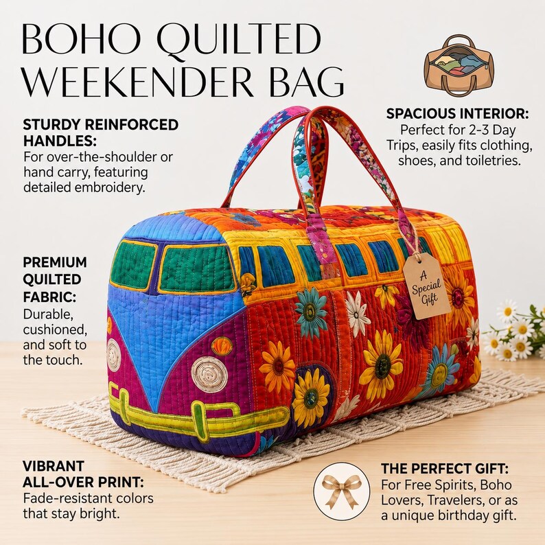 May include: A colorful Boho quilted weekender bag with a bus design, featuring vibrant floral patterns. The bag has sturdy handles and a spacious interior. The text on the bag says "A Special Gift".