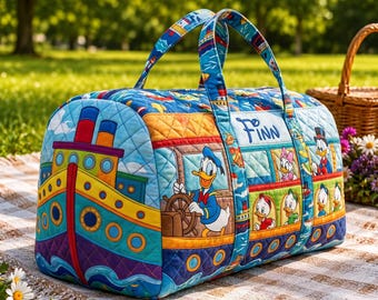 Bolso de mano personalizado con diseño de barco de vapor de Donald Duck, bolso de viaje personalizado con nombre de Disney, regalo único con efecto 3D para fans de los dibujos animados, ideal para niños y vacaciones familiares.