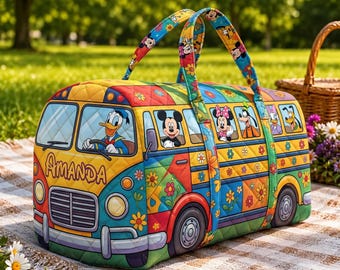 Personalized Donald Duck School Bus Tote Bag, Custom Name Disney Quilted Effect Handbag, Cartoon Character Travel Bag, Kids Birthday Gift