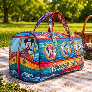 May include: A colorful duffel bag featuring Mickey Mouse driving a boat, with Minnie Mouse, Donald Duck, and Goofy in portholes. The bag has red handles and the word "Adventure" on the side. The bag is on a picnic blanket.