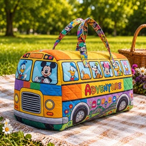 Puede incluir: Una colorida bolsa de viaje acolchada con forma de autob&uacute;s, con personajes de Disney. El autob&uacute;s tiene un techo amarillo, laterales naranjas y un frente azul. Mickey Mouse est&aacute; conduciendo. La palabra "ADVENTURE" se muestra en el lateral. Las asas tienen dibujos de personajes de Disney.
