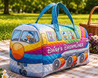 Bolso de mano personalizado con forma de avión de Donald Duck, bolso de hombro de viaje personalizado con personajes de Disney, regalo único para fans de dibujos animados con nombre, estilo acolchado.