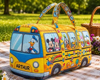 Bolso personalizado con diseño de autobús escolar de Donald Duck, bolso acolchado personalizado con dibujos animados de Disney, bolso de viaje para niños, regalo único para fans y coleccionistas de Disney, Birt