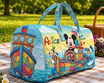 Bolso de hombro acolchado personalizado de Mickey Mouse y sus amigos, bolso de viaje Disney con nombre personalizado, bolso de mano colorido con dibujos animados, regalo de cumpleaños para niños.
