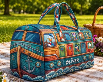 Personalized Donald Duck Quilted Effect Tote Bag, Custom Disney Name Shoulder Bag, Magical Vacation Travel Bag, Unique Cartoon Character Gif