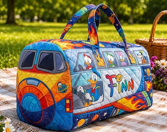 Bolso de viaje personalizado con diseño de transbordador espacial de Donald Duck, regalo personalizado para fans de los dibujos animados de Disney, bolso único con aspecto acolchado y nombre para niños y adultos.
