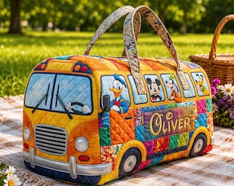 Bolso de mano acolchado personalizado con diseño de autobús escolar de Donald Duck, bolso de viaje personalizado con personajes de Disney, regalo con nombre para niños, accesorio mágico para vacaciones familiares.