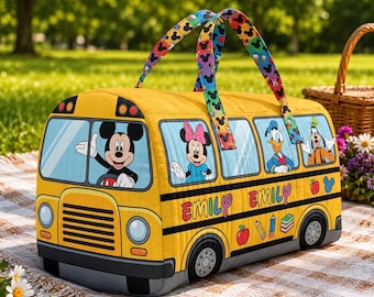 Bolso de tela personalizado con diseño de autobús escolar de Mickey Mouse y sus amigos, bolso de tela Disney personalizado con nombre para niños, regalo para la vuelta al cole, bolso único con personaje de dibujos animados.