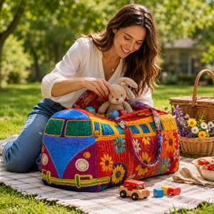 May include: A colorful, quilted duffel bag shaped like a vintage bus, decorated with flowers. The bag is filled with a stuffed bunny and wooden toys. A picnic basket and flowers are in the background, suggesting a day outdoors.