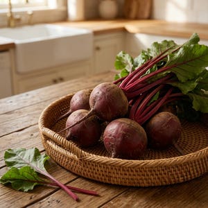 May include: A round, woven rattan tray containing several fresh, deep purple-red beets with long, vibrant magenta stems and large, green leafy tops. The beets have a smooth, earthy skin and are clustered together within the circular basket.