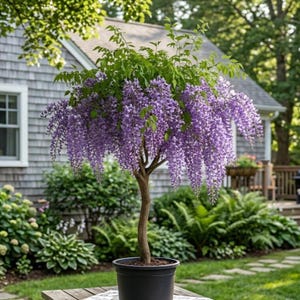 May include: A potted wisteria tree with cascading purple flowers and green foliage. The tree has a slender brown trunk and is planted in a black pot. The background features a house and lush greenery, suggesting an outdoor setting.