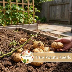 May include: Several harvested brown potatoes with dirt on their skins resting in dark soil, with a green potato plant stem attached. A circular logo with the text VerveShipINC! and the words True Potato Seeds are overlaid on the image.