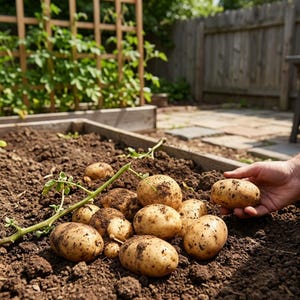 May include: A collection of freshly harvested potatoes, still covered in soil, resting in a garden bed. A hand reaches in to pick up a potato. The potatoes are light brown with dark spots.