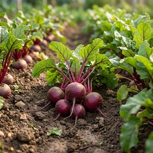 May include: A cluster of deep purple beetroots with vibrant green leaves and reddish stems growing in dark soil. The round root vegetables are partially exposed above the ground, showing their smooth skin and leafy tops in a garden row.