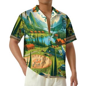 May include: Short-sleeved button-down shirt featuring a vibrant landscape design with mountains, a lake, and small buildings. The shirt's pattern includes a circular gathering of people, trees, and a statue. The shirt has a classic collar and a relaxed fit.