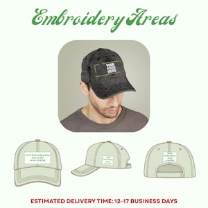 May include: A distressed black baseball cap with the text "YOUR DESIGN HERE" in a green rectangle. The image also shows the front, side, and back embroidery areas, with measurements of 5.5 x 13 CM or 6.5 x 9.5 CM, 5 x 4 CM, and 6 x 6 CM respectively. The text "Embroidery Areas" is at the top.